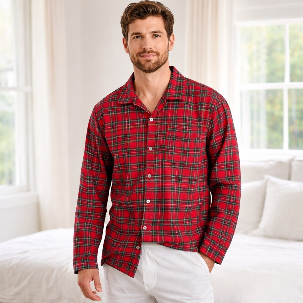 Lake Pajama Top Plaid Flannel Shirt Christmas Holidays Men's Large Button-Down